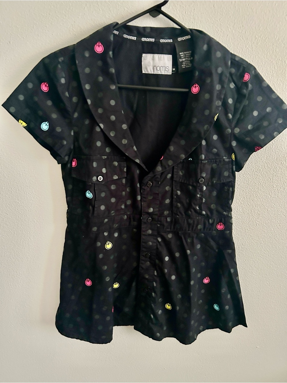 NOMIS Black Polka Dot Short-Sleeve Shawl Collar iButton Front Blouse: M